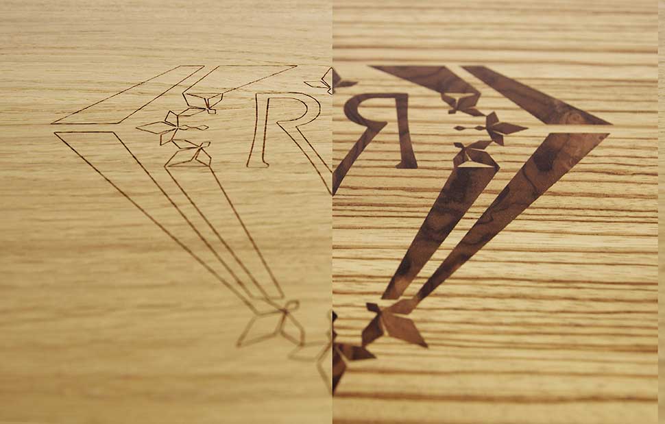 Design table model with laser marking or marquetry identity options